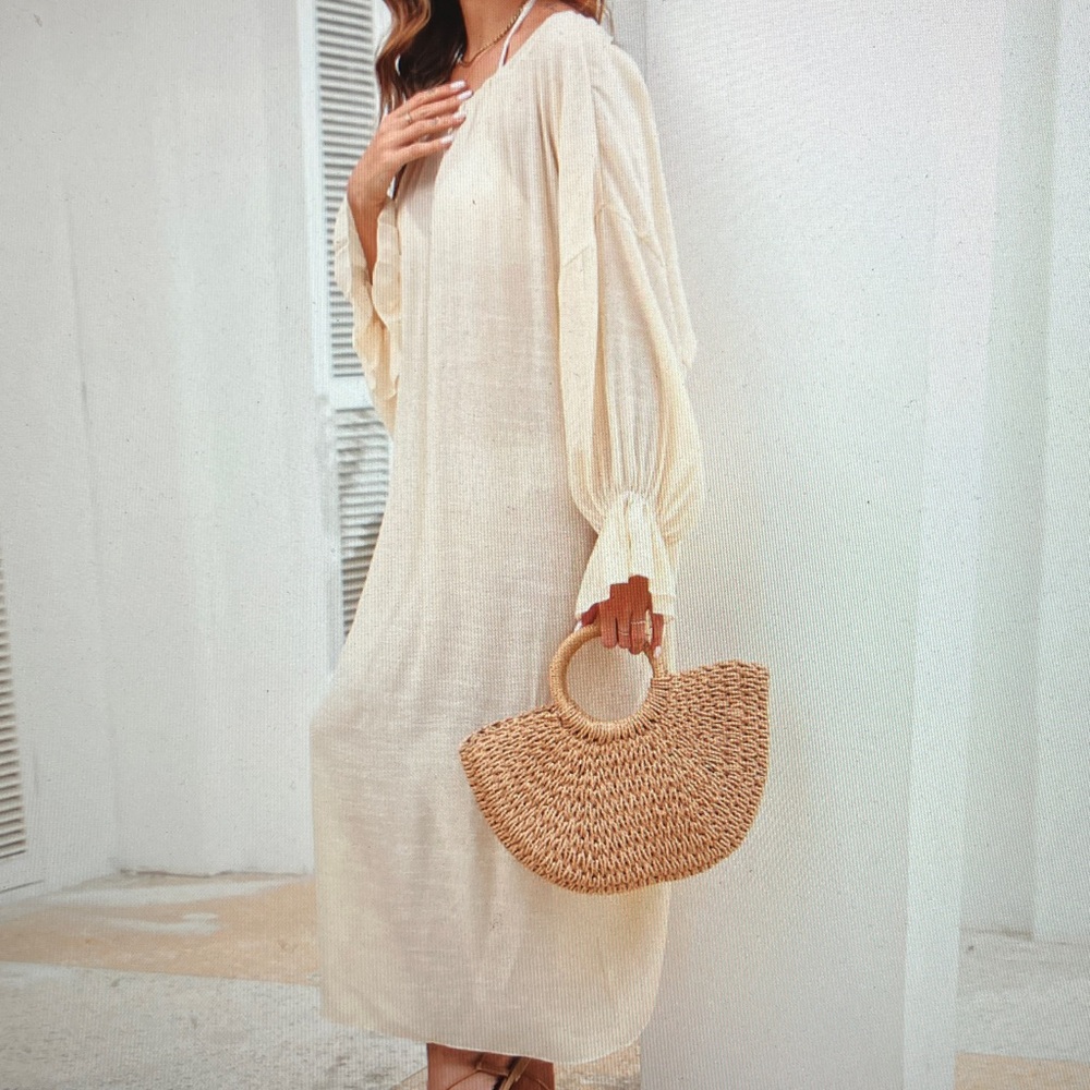 Cream Long Sleeve Maxi Dress with Woven Bag